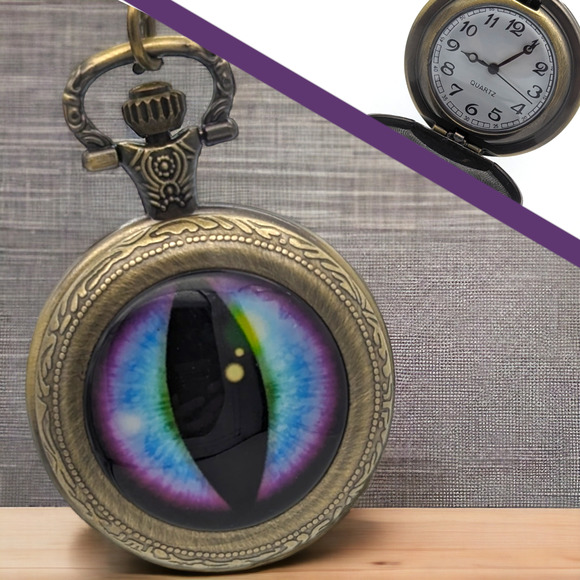 Dragon Eye Pendant Watch NEW Gift Cat Blue Purple Necklace Pocket Vintag - Picture 1 of 9